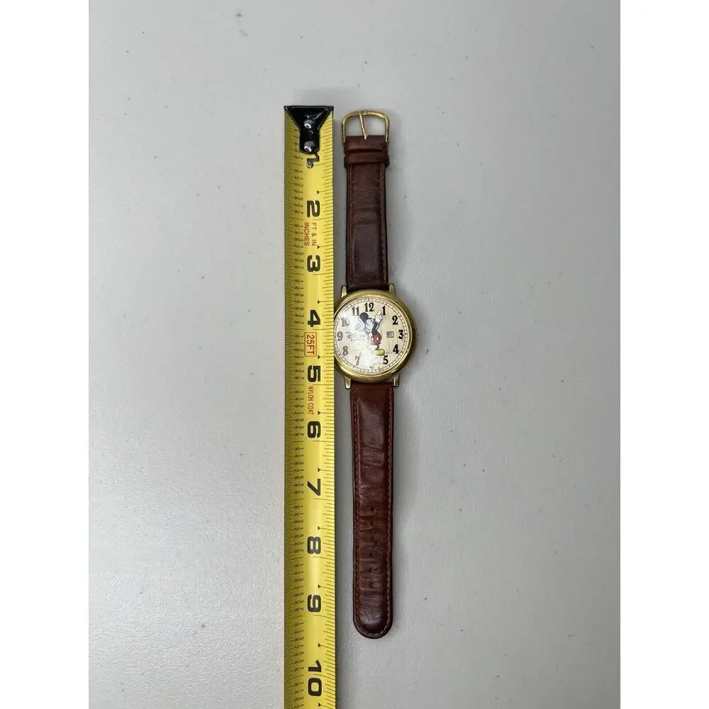 Disney Time Works Mickey Mouse Gold Toned Analog Watch Brown Leather